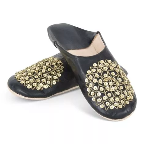 Marokkanische Pantoffeln Leder Schwarz Gold Pailletten SFMRKBAB00139