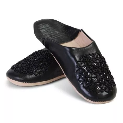 Marokkanische Pantoffeln Leder Schwarz Pailletten SFMRKBAB00029