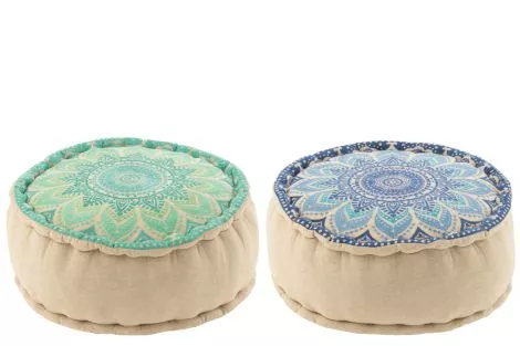 Pouf Round Flower Cotton Turquoise/Blue Assortment Of 2 51985