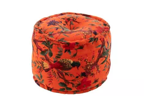 Pouf Round Birds/Flowers Cotton Velvet Orange 51970